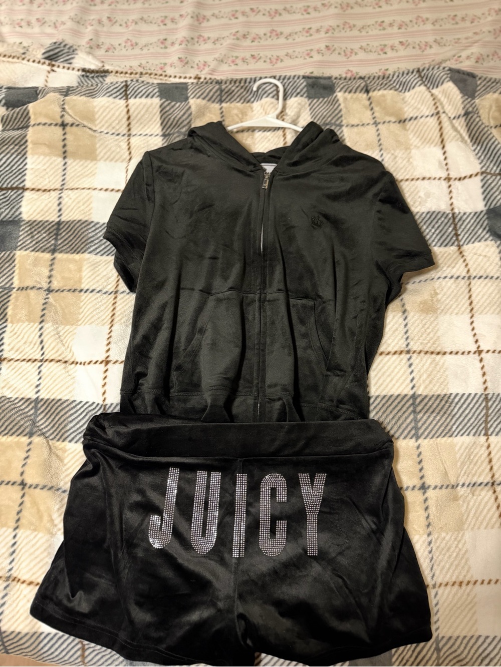 Juicy Couture Black Velour Zip Hoodie & Rhinestone JUICY Shorts Set